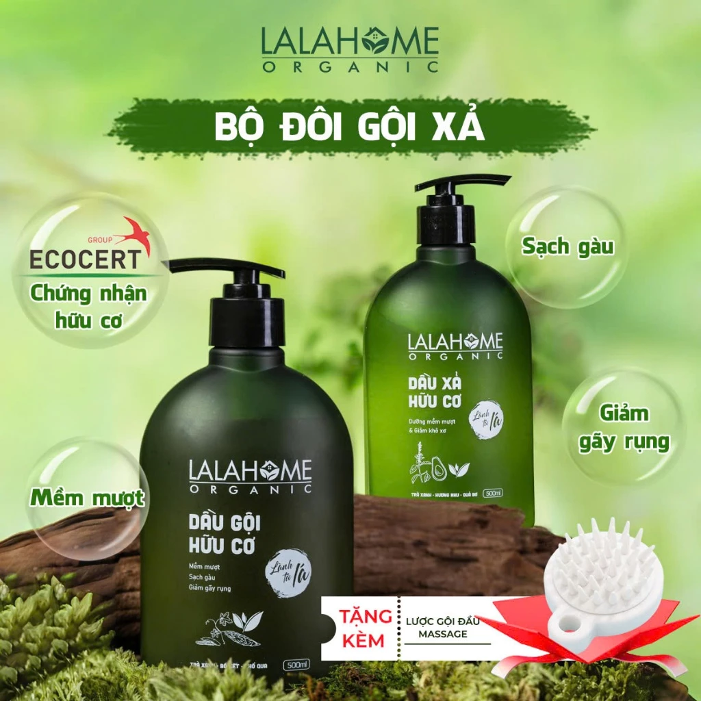 Bộ đôi gội xả thảo dược LALAHOME ORGANIC, dung tích 500ml, ngăn ngừa gàu, rụng, giúp tóc chắc khỏe, suôn mượt
